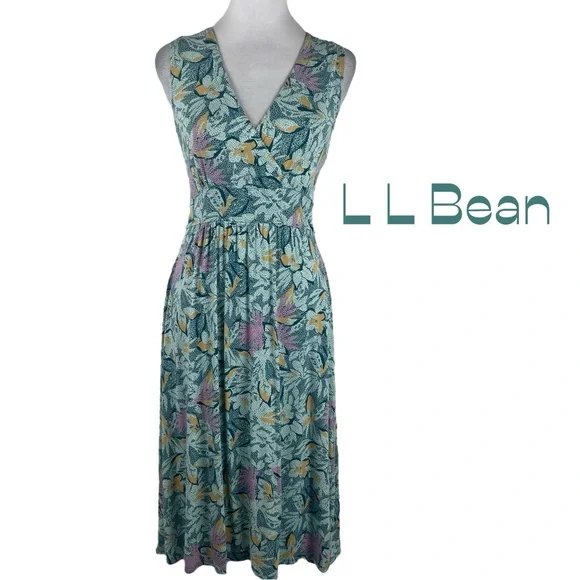 LL Bean Green Floral Print CottageCore Feminine Midi Dress NWOT Size XS - Picture 2 of 13
